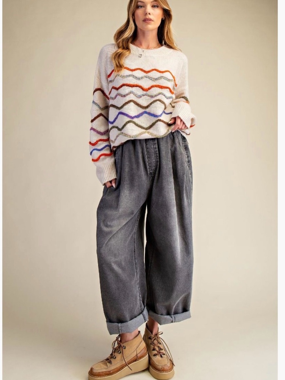 easel Wide-Leg Washed Gray Jeans - Rolled Cuff